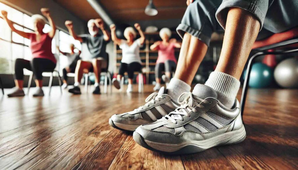 a person sitting in a chair with a close up of there silver sneakers